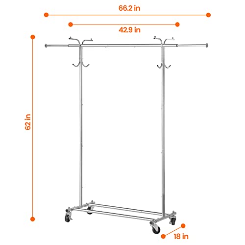 HOUSE AGAIN Adjustable 2-in-1 Heavy Duty Garment Rack & Coat Rack, 66" L, Rolling Clothes Rack with Lockable Wheels, Clothing Rack for Hanging Clothes, Commercial Grade, Freestanding, Chrome(Sliver)…