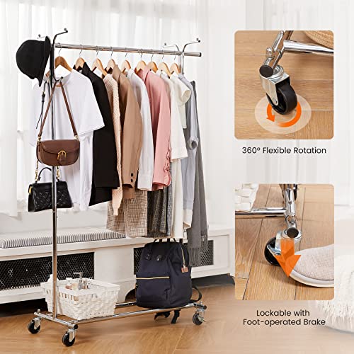 HOUSE AGAIN Adjustable 2-in-1 Heavy Duty Garment Rack & Coat Rack, 66" L, Rolling Clothes Rack with Lockable Wheels, Clothing Rack for Hanging Clothes, Commercial Grade, Freestanding, Chrome(Sliver)…