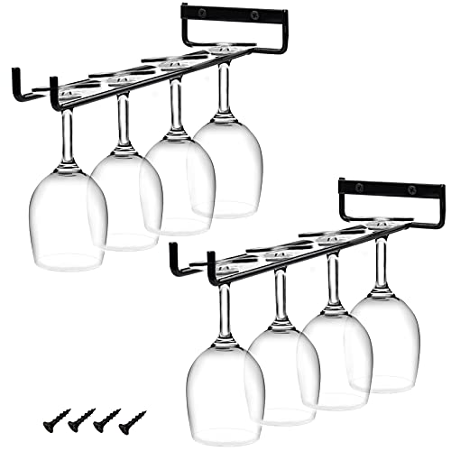 2Pcs Stemware Wine Glass Rack Wall Mountable, Metal Wine Glasses Holder Under Cabinet Organization, Hanging Wine Cup Display Stand for Cabinet Kitchen Bar (Black)