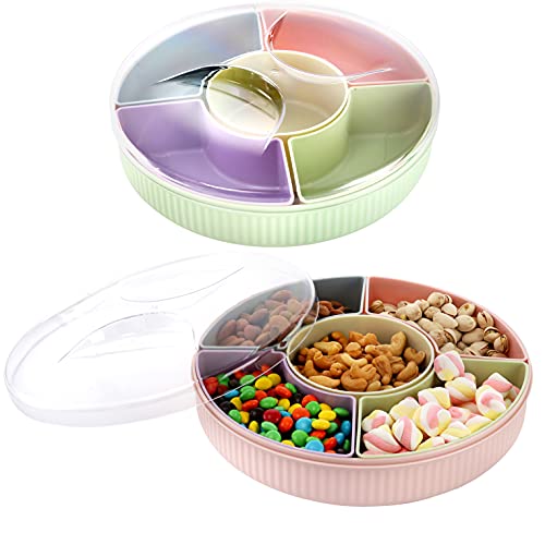 SOUJOY 2 Pack Divided Serving Tray with Lid, 11'' Plastic Round Veggie Tray, Reusable 5 Compartment Party Platter for Candy, Appetizer, Snack, Fruit, Nuts, Veggie, Parties