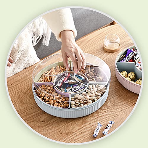 SOUJOY 2 Pack Divided Serving Tray with Lid, 11'' Plastic Round Veggie Tray, Reusable 5 Compartment Party Platter for Candy, Appetizer, Snack, Fruit, Nuts, Veggie, Parties