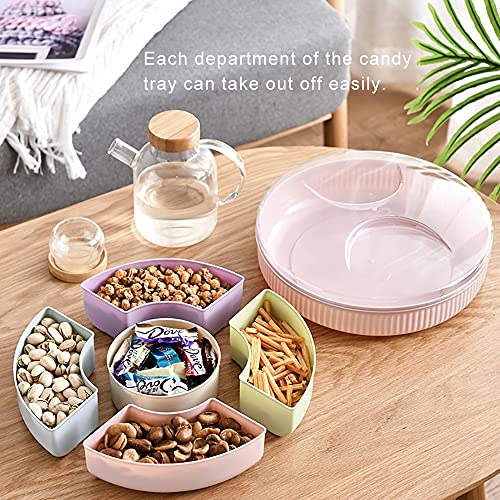 SOUJOY 2 Pack Divided Serving Tray with Lid, 11'' Plastic Round Veggie Tray, Reusable 5 Compartment Party Platter for Candy, Appetizer, Snack, Fruit, Nuts, Veggie, Parties