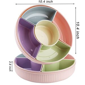 SOUJOY 2 Pack Divided Serving Tray with Lid, 11'' Plastic Round Veggie Tray, Reusable 5 Compartment Party Platter for Candy, Appetizer, Snack, Fruit, Nuts, Veggie, Parties