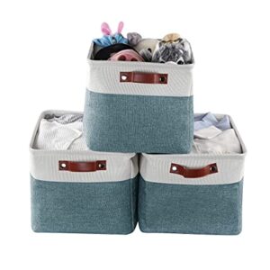 Storage Baskets for Shelves, Closet Storage Bins for Organization, Fabric Bins Cube W/Handles for Organizing Shelf Nursery Home Closet, Large - 3 Pack,Green/White