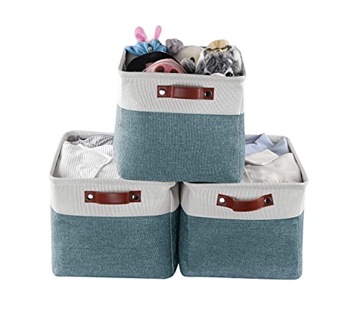 Storage Baskets for Shelves, Closet Storage Bins for Organization, Fabric Bins Cube W/Handles for Organizing Shelf Nursery Home Closet, Large - 3 Pack,Green/White