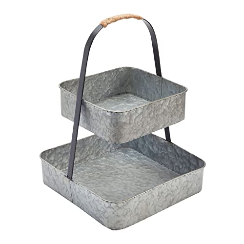 Square 2 Tiered Tray Stand with Handle for Farmhouse Decor, Dessert, Fruit, Galvanized Gray (12 x 17 in)