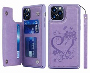 icovercase for iphone 12 pro max wallet case with card slots holder and wrist strap [rfid blocking] embossed leather kickstand magnetic clasp shockproof cover 6.7 inch (heart purple)