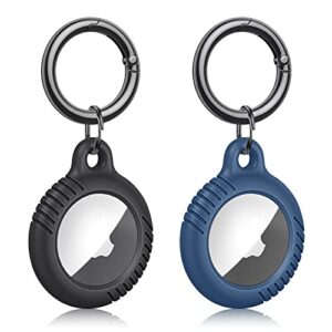 [2 pack] fintie silicone case for airtags tracker with keychain, portable anti-scratch protective skin cover compatible with apple airtags 2021 finder for for dogs keys backpacks, black + cyan blue