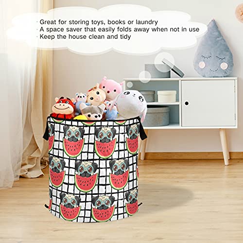 DOMIKING Cute Pug Eating Watermelon Popup Laundry Hamper with Zipper Lid Collapsible Laundry Basket Portable Laundry Bin for Kids Room Travel College Dorm