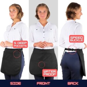 SupplyMaid Waterproof Server's Apron with 5 Pockets & Speed Buckle Closure - Black Waitress Server Stain-Proof Bistro Bartender Work Apron For Pens, Notepads, Straws, Server Book, Bar Towel, Tips