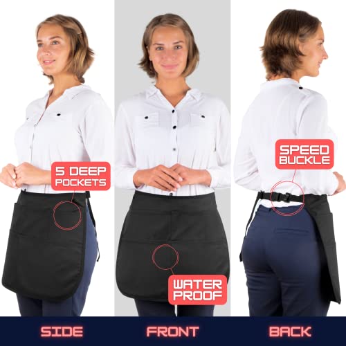 SupplyMaid Waterproof Server's Apron with 5 Pockets & Speed Buckle Closure - Black Waitress Server Stain-Proof Bistro Bartender Work Apron For Pens, Notepads, Straws, Server Book, Bar Towel, Tips