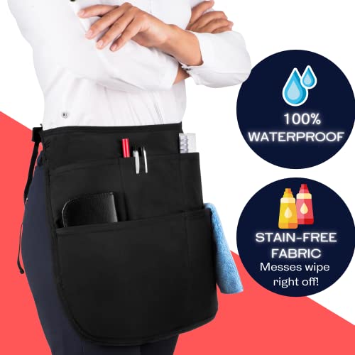 SupplyMaid Waterproof Server's Apron with 5 Pockets & Speed Buckle Closure - Black Waitress Server Stain-Proof Bistro Bartender Work Apron For Pens, Notepads, Straws, Server Book, Bar Towel, Tips