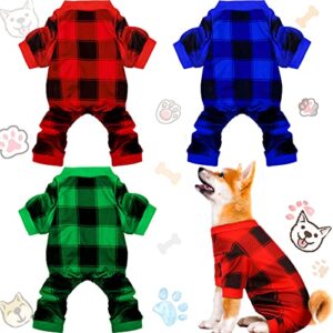 3 pieces christmas dog pajamas red buffalo plaid jumpsuit puppy bodysuit pet pajamas buffalo check cute apparel pajamas for small medium dog cat chihuahua puppy christmas costume(l (fit 7.7-9.9lbs))