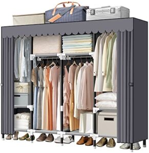lokeme portable closet, 67 inch wardrobe closet for hanging clothes with 4 hanging rods, 25mm steel tube clothes storage organizer for extra sturdy, quick and easy to assembly, gray cover