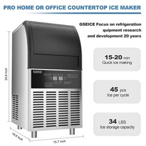 GSEICE Commercial Ice Maker Machine: 100lbs/24H Under Counter Ice Machine with 34lbs Storage Ice Bin, Stainless Steel Small Ice Maker Ideal for Home Coffee Shop Bars & Restaurant