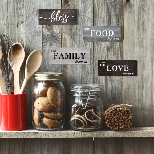 Creoate 4 Pieces Bless Food Family Love Signs for Kitchen Wall Decor Plaque, Home Farmhouse Rustic Decor, Wood Wall Hanging Decorations for Dining Room Kitchen, Christmas Gift for Home, Small (4 x 10 IN X4)