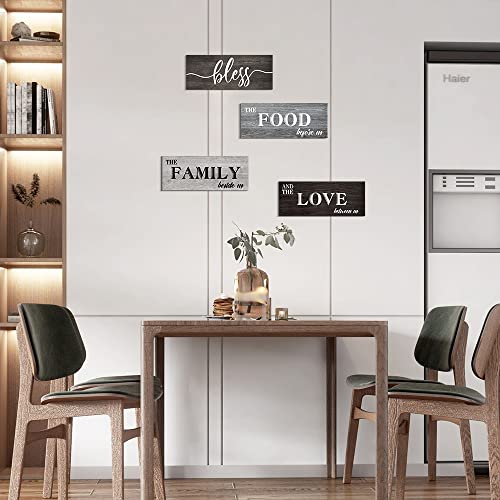 Creoate 4 Pieces Bless Food Family Love Signs for Kitchen Wall Decor Plaque, Home Farmhouse Rustic Decor, Wood Wall Hanging Decorations for Dining Room Kitchen, Christmas Gift for Home, Small (4 x 10 IN X4)