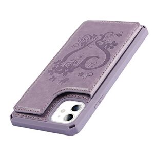 iCoverCase for iPhone 11 Wallet Case with Card Slots Holder and Wrist Strap [RFID Blocking] Embossed Leather Kickstand Magnetic Clasp Shockproof Cover for iPhone 11 6.1 Inch (Heart Purple)