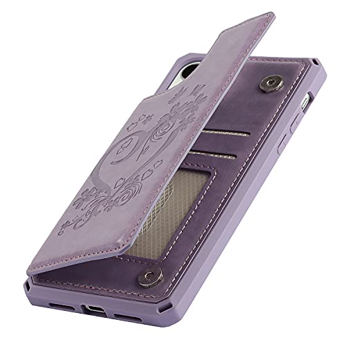 iCoverCase for iPhone 11 Wallet Case with Card Slots Holder and Wrist Strap [RFID Blocking] Embossed Leather Kickstand Magnetic Clasp Shockproof Cover for iPhone 11 6.1 Inch (Heart Purple)