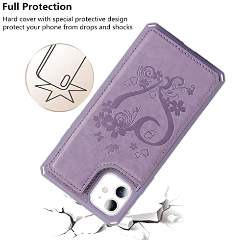 iCoverCase for iPhone 11 Wallet Case with Card Slots Holder and Wrist Strap [RFID Blocking] Embossed Leather Kickstand Magnetic Clasp Shockproof Cover for iPhone 11 6.1 Inch (Heart Purple)