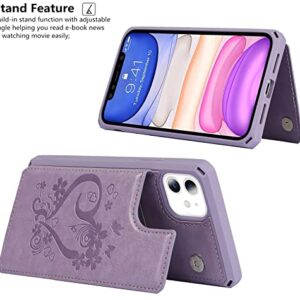 iCoverCase for iPhone 11 Wallet Case with Card Slots Holder and Wrist Strap [RFID Blocking] Embossed Leather Kickstand Magnetic Clasp Shockproof Cover for iPhone 11 6.1 Inch (Heart Purple)