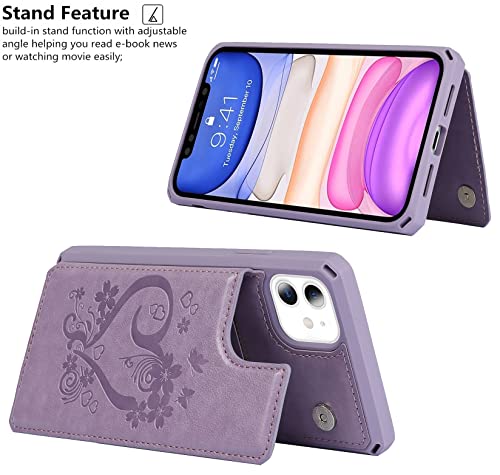 iCoverCase for iPhone 11 Wallet Case with Card Slots Holder and Wrist Strap [RFID Blocking] Embossed Leather Kickstand Magnetic Clasp Shockproof Cover for iPhone 11 6.1 Inch (Heart Purple)