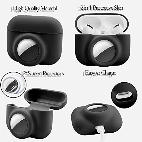 2 in 1 Protective Skin Case Compatible for Airpods Pro and Airtag Case Combo Set, Silicone GPS Tracker Cover Holder, Soft Shock-Proof Anti-Scratch Anti-Lost(Black)