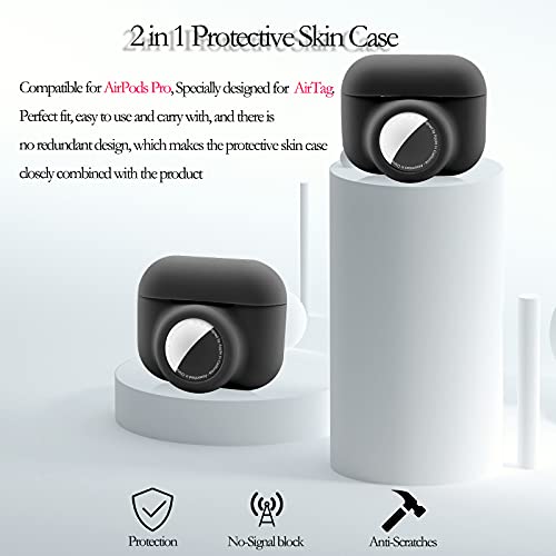 2 in 1 Protective Skin Case Compatible for Airpods Pro and Airtag Case Combo Set, Silicone GPS Tracker Cover Holder, Soft Shock-Proof Anti-Scratch Anti-Lost(Black)