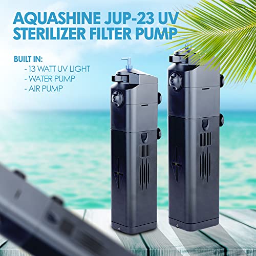 AquaShine JUP-23 Submersible UV Sterilizer for Aquarium - 13W aquarium powerhead with Built in Water and Air Pump - Extra UV Bulb Included - Green Algae Killing Machine.