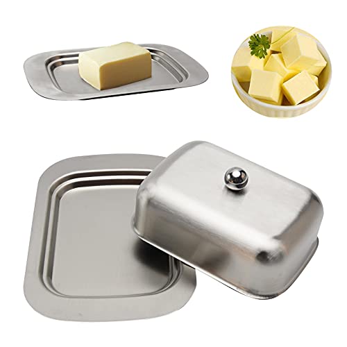 Butter Dish Stainless Steel Butter Dish with Lid Classic 2-piece Design Butter Keeper Cheese Butter Container Butter Cheese Storage Box Rectangular Butter Tray(Silver)