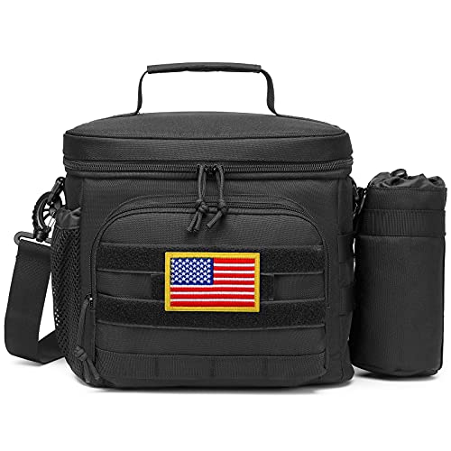 F-color Lunch Bag for Men Insulated Box Tactical Durable Large Cooler for Women Adult, 8mm Thick Insulation, Leakproof Lunch Pail, with Detachable MOLLE Bottle Holder for Work Hiking Fishing, Black