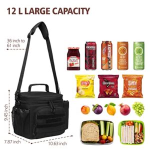 F-color Lunch Bag for Men Insulated Box Tactical Durable Large Cooler for Women Adult, 8mm Thick Insulation, Leakproof Lunch Pail, with Detachable MOLLE Bottle Holder for Work Hiking Fishing, Black