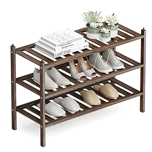 Dranixly Shoe Rack, 3-Tier Bamboo Stackable Shoe Shelf Storage Organizer, Shoe Stand for Closet, Entryway, Hallway, Bathroom and Living Room（Mocha）