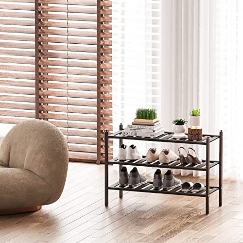 Dranixly Shoe Rack, 3-Tier Bamboo Stackable Shoe Shelf Storage Organizer, Shoe Stand for Closet, Entryway, Hallway, Bathroom and Living Room（Mocha）