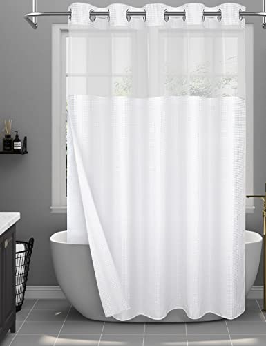 SUMGAR No Hook Shower Curtain Extral Long 71" x 86" White Waffle Weave Textured Fabric Cloth Hotel Luxury Simple Elegant Shower Curtains Set with Snap in Liner for Modern Farmhouse Bathroom