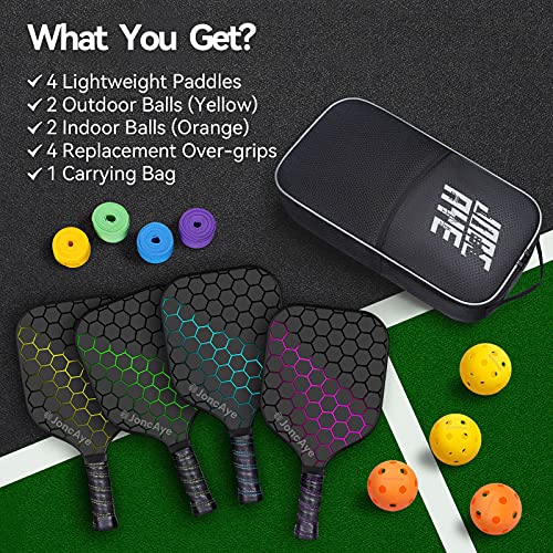 Pickleball Paddles Set of 4 incl 4 Fiberglass Pickleball Rackets, 4 Balls, 1 Paddle Bag, 4 Grip Tapes, JoncAye Pickleball Set for Outdoor and Indoor, Pickle-Ball-Paddle-Set of 4 with Accessories