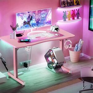 Vitesse Pink 40 Inch Cute Kawaii Computer Gaming Table T Shaped Girl Gamer Workstation Home Office Desk with Carbon Fiber Surface and Headphone Hook