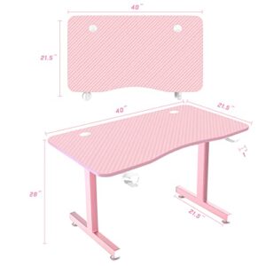 Vitesse Pink 40 Inch Cute Kawaii Computer Gaming Table T Shaped Girl Gamer Workstation Home Office Desk with Carbon Fiber Surface and Headphone Hook