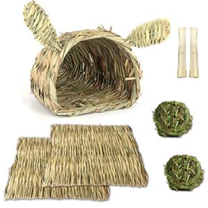 kathson Bunny Grass House Chew Toys Baby Rabbit Hideaway Hut Small Animals Grass Hideout Hand Woven Natural Grass Bedding for Guinea Pig Hamster Chinchilla