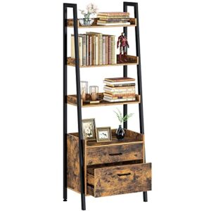 Rolanstar Bookshelf with Drawers, 4 Tier Ladder Bookshelf, Industrial Bookcases, Freestanding Display Plant Shelves with Metal Frame for Living Room, Small Space, Rustic Brown