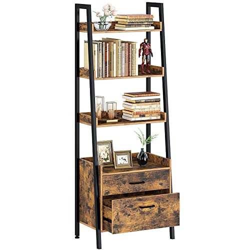 Rolanstar Bookshelf with Drawers, 4 Tier Ladder Bookshelf, Industrial Bookcases, Freestanding Display Plant Shelves with Metal Frame for Living Room, Small Space, Rustic Brown