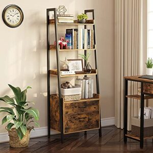 Rolanstar Bookshelf with Drawers, 4 Tier Ladder Bookshelf, Industrial Bookcases, Freestanding Display Plant Shelves with Metal Frame for Living Room, Small Space, Rustic Brown