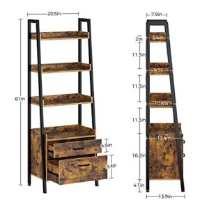 Rolanstar Bookshelf with Drawers, 4 Tier Ladder Bookshelf, Industrial Bookcases, Freestanding Display Plant Shelves with Metal Frame for Living Room, Small Space, Rustic Brown