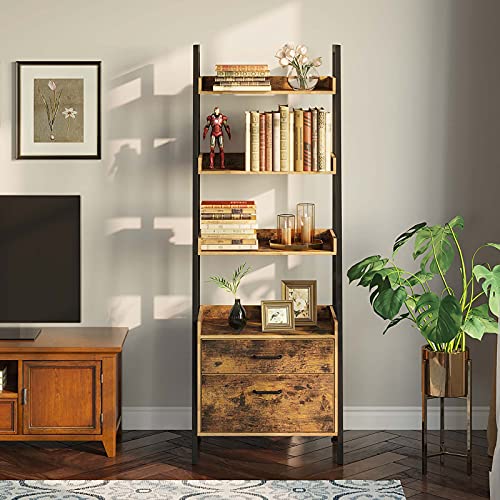 Rolanstar Bookshelf with Drawers, 4 Tier Ladder Bookshelf, Industrial Bookcases, Freestanding Display Plant Shelves with Metal Frame for Living Room, Small Space, Rustic Brown