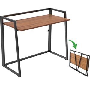 41 inch small walnut & black folding computer desk, sturdy heavy duty foldable table for small spaces home office bedroom outdoor work study writing collapsible portable with metal legs, epa certified