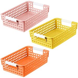 3 pieces classroom storage baskets plastic crayon basket pencil storage baskets colorful paper organizer baskets plastic bins with handles for home office school, 10.7 x 6.9 x 3 inch