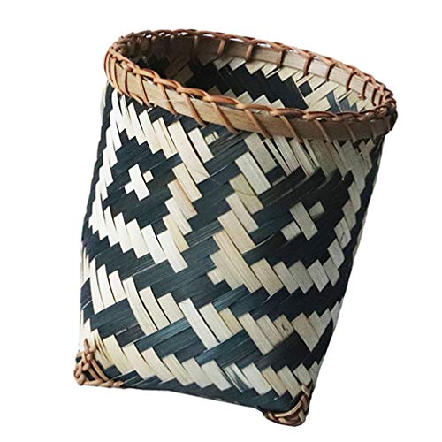 BESPORTBLE Round Bamboo Waste Basket Rattan Trash Can Straw Storage Baskets Wooden Garbage Can Decorative Laundry Hamper Flower Basket Vase