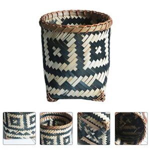 BESPORTBLE Round Bamboo Waste Basket Rattan Trash Can Straw Storage Baskets Wooden Garbage Can Decorative Laundry Hamper Flower Basket Vase