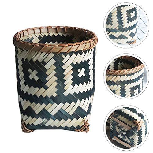 BESPORTBLE Round Bamboo Waste Basket Rattan Trash Can Straw Storage Baskets Wooden Garbage Can Decorative Laundry Hamper Flower Basket Vase