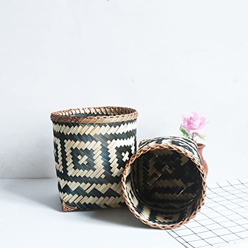 BESPORTBLE Round Bamboo Waste Basket Rattan Trash Can Straw Storage Baskets Wooden Garbage Can Decorative Laundry Hamper Flower Basket Vase